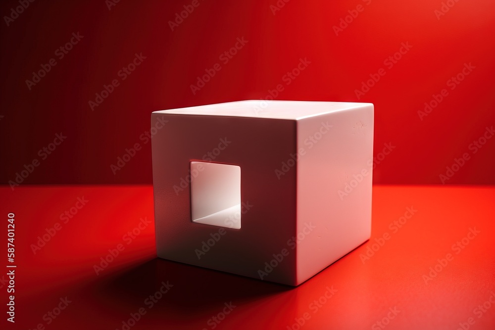 Poster a white cube sitting on top of a red table next to a red wall and a red wall with a white square in 