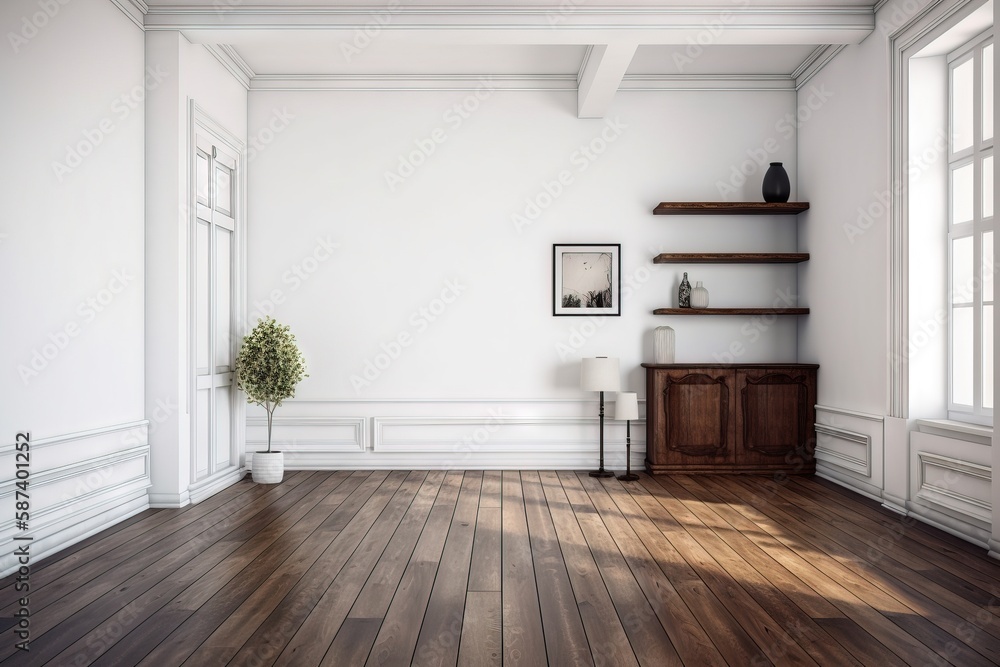 Poster  an empty room with a wooden floor and a shelf with a potted plant on it, and a window with open shutters to the outside.  generative ai
