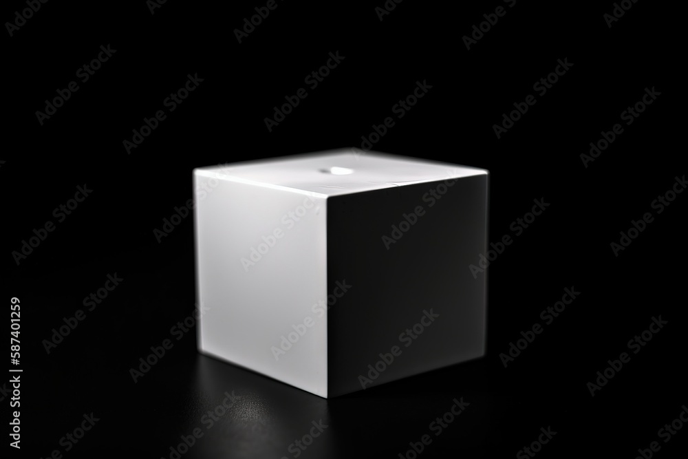Poster a white cube sitting on top of a black table next to an apple logo on the side of the box and a whit