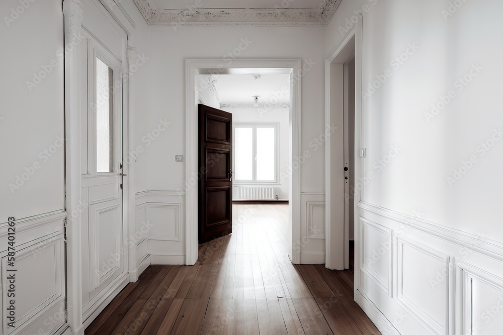 Poster an empty room with a wooden floor and a door in the center of the room with a window on the far side