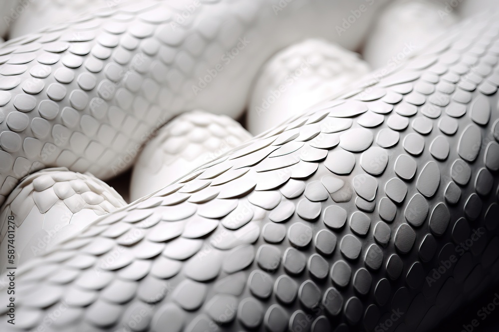 Poster a close up of a white sculpture of a snake skin pattern on a white surface with white balls in the m