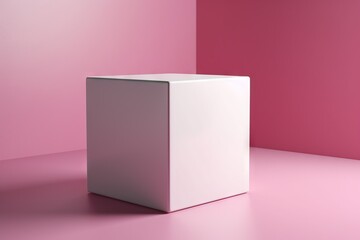  a white box sitting on top of a pink floor next to a pink wall and a pink wall with a white box on top of it.  generative ai