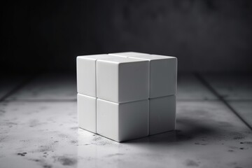  a white cube sitting on top of a white counter top next to a black wall and a black floor with a black spot in the middle.  generative ai