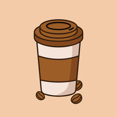 Cute paper coffee cup with coffee beans cartoon icon vector illustration. Coffee drink icon concept. Vector flat outline icon