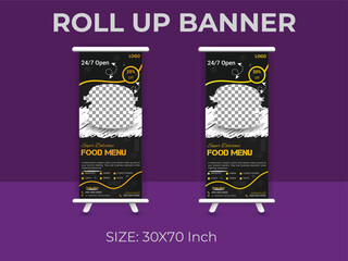 Restaurant food menu roll up banner  template. delicious food standee banner layout.