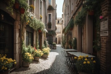 Fototapeta na wymiar a narrow street with tables and chairs lined up along the side of the street with potted plants and flowers on either side of the tables. generative ai