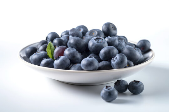 Closeup of fresh juicy blueberries in white bowl isolated on white background, copy space. High resolution. Generative AI