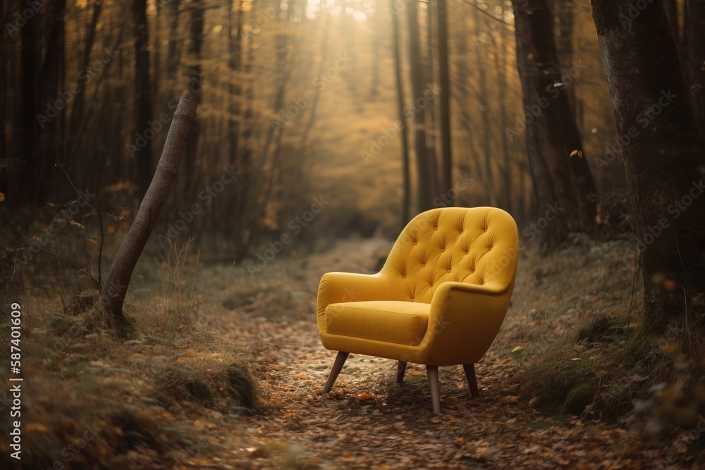 Poster a yellow chair sitting in the middle of a forest filled with trees and a path leading to a forest wi