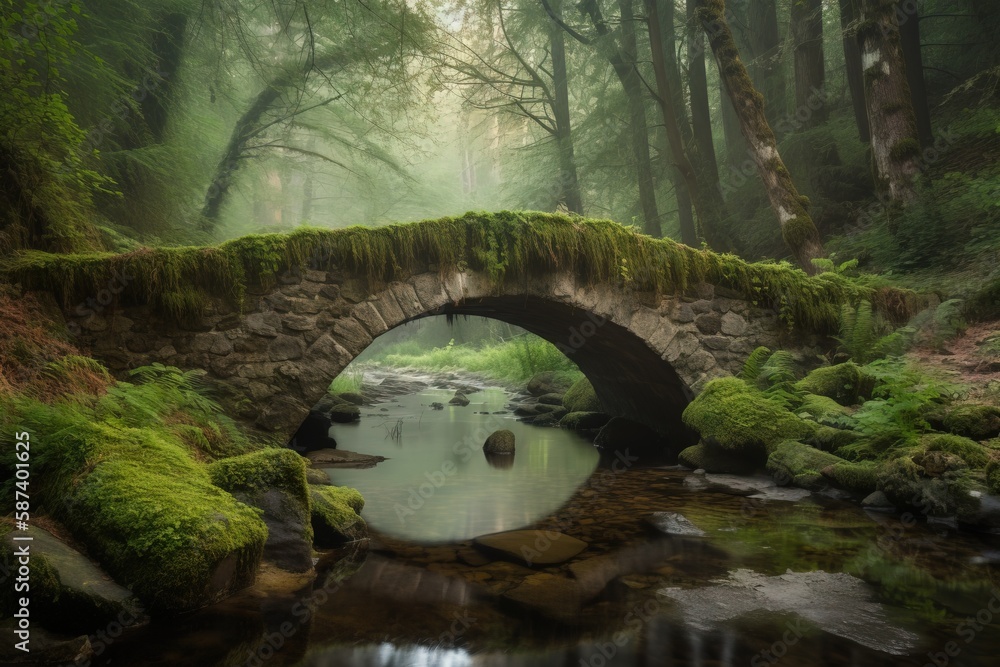 Poster a stone bridge over a stream in a forest with moss growing on the rocks and a stone bridge over the 