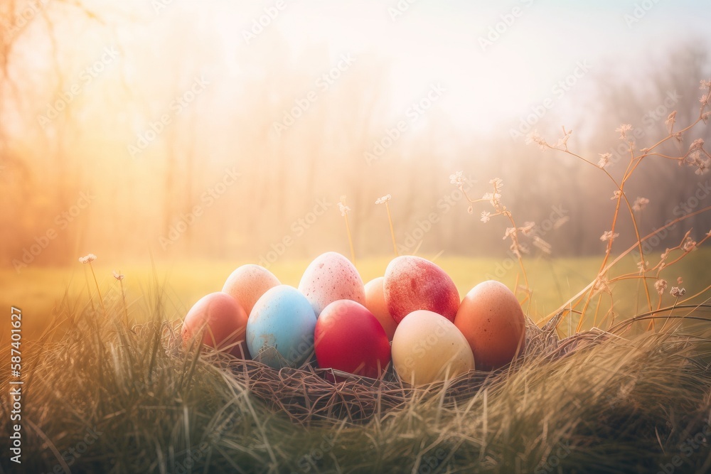 Poster a group of eggs sitting in a nest in a field with grass and trees in the background, with the sun sh