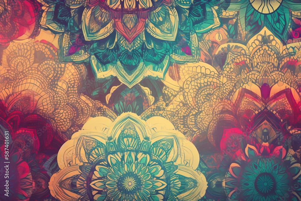 Poster a large group of colorful flowers on a colorful wallpaper background with a pattern in the middle of