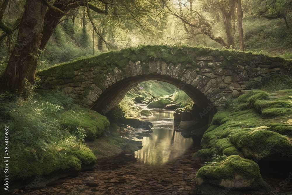 Poster a stone bridge over a stream in a lush green forest with moss growing on the rocks and a stone bridg