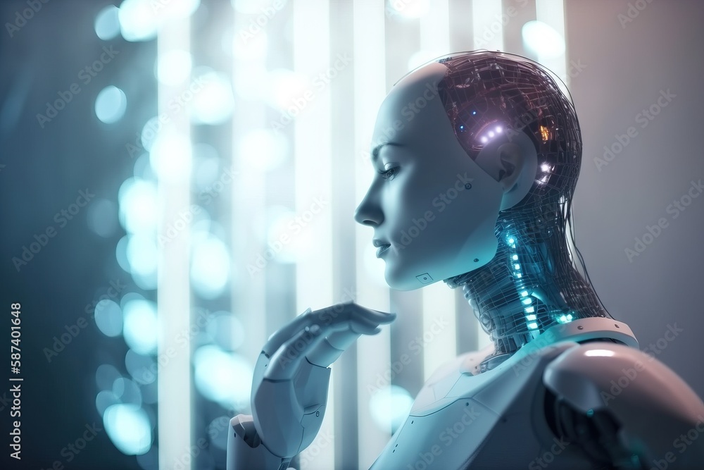Poster a robot is standing in front of a wall with lights on it's head and hands on his chin, looking at so