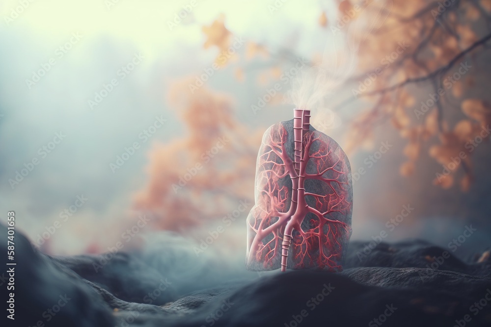 Poster a human heart in the middle of a foggy forest with a tree in the background and a foggy sky in the f
