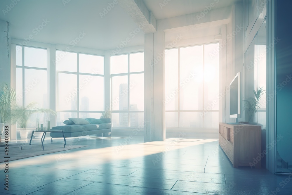 Aufkleber a living room with large windows and a tv on a stand in front of a couch and a table with a potted p