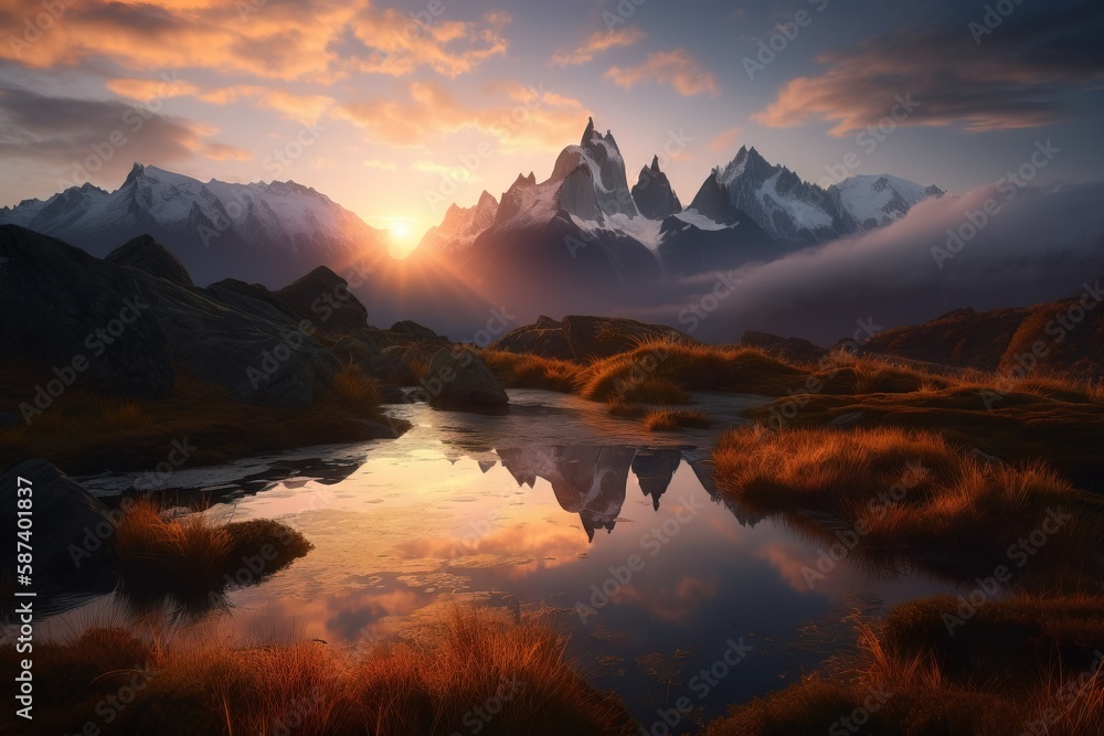 Poster a painting of a mountain range with a lake in the foreground and the sun setting in the distance wit
