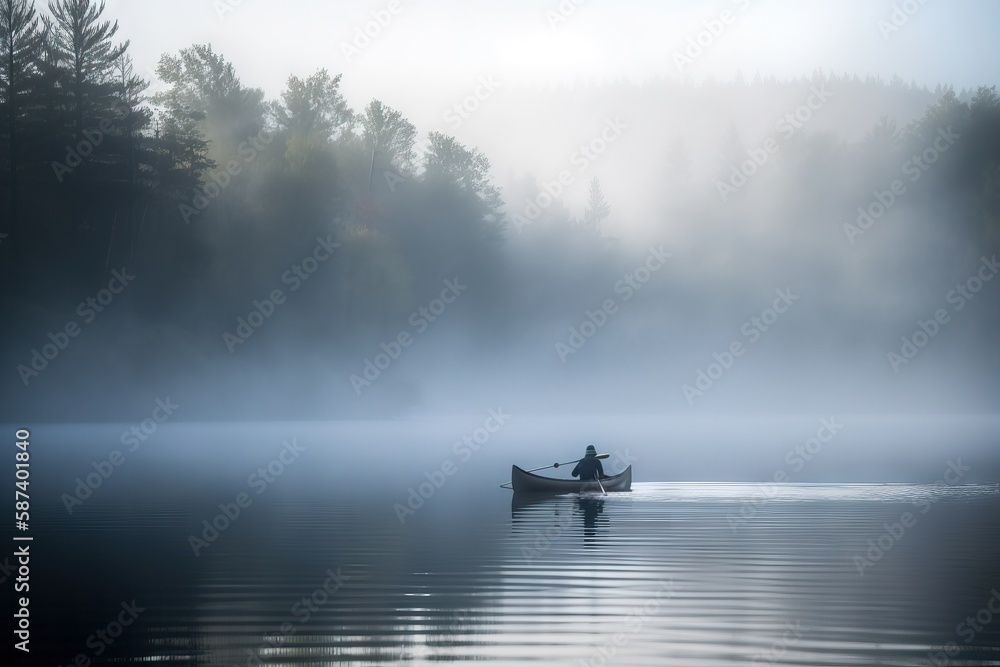 Poster a person in a canoe on a lake with trees in the background and fog in the air over the water and fog