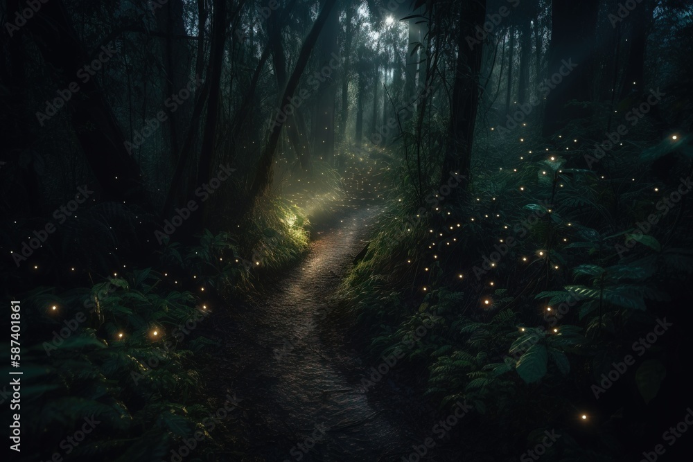 Poster a path in the middle of a dark forest with lights on the ground and trees in the background, with a 