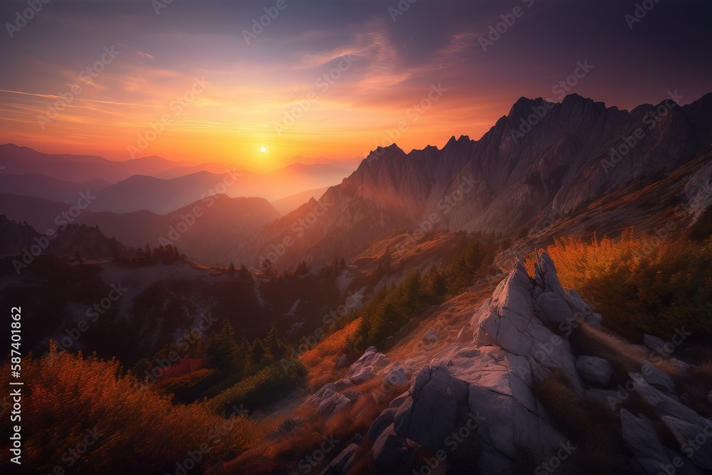 Poster the sun is setting over a mountain range with trees and bushes on the side of the mountain, and the 