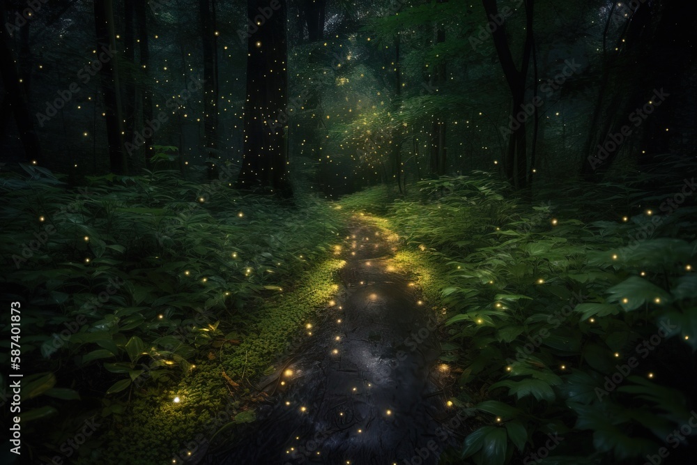 Poster a path in the middle of a forest with fireflies flying around the trees and lights on the ground and