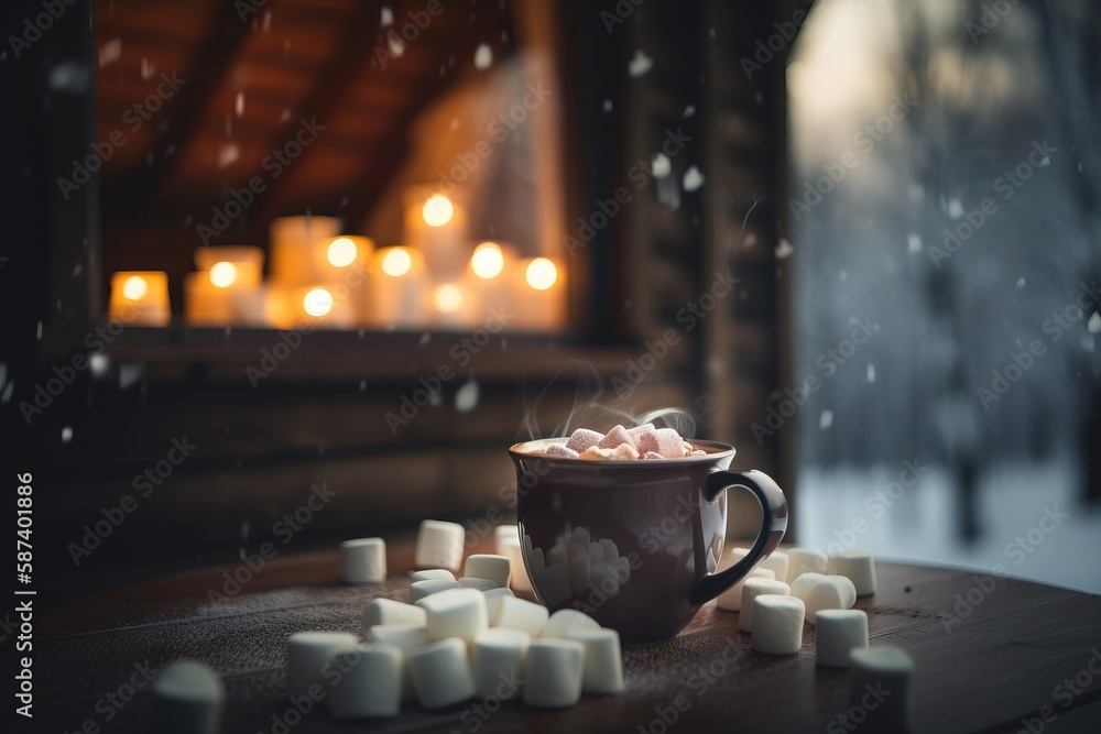 Aufkleber a cup of hot chocolate and marshmallows on a table in front of a fireplace with candles in the backg