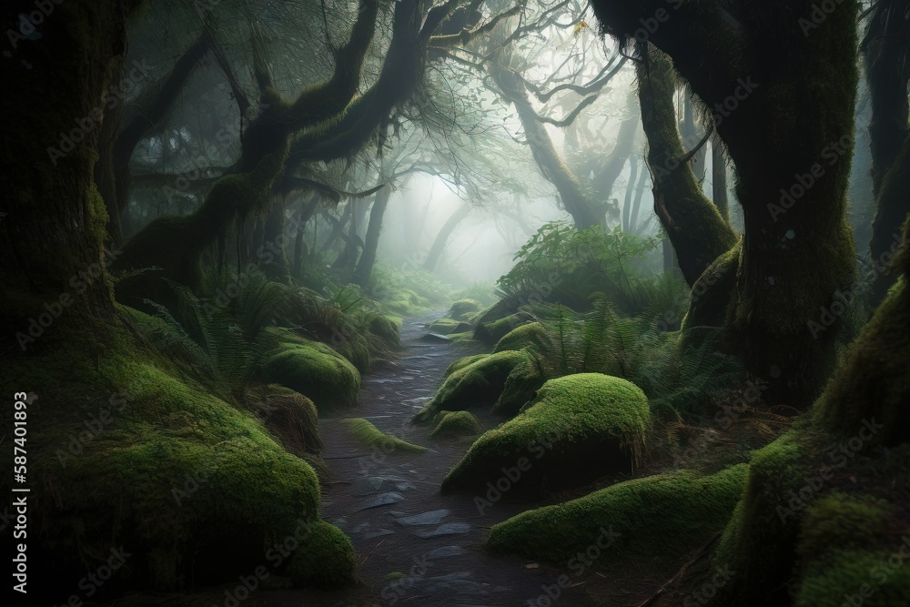 Poster a path in a forest with moss growing on the ground and trees growing on the sides of the path, with 