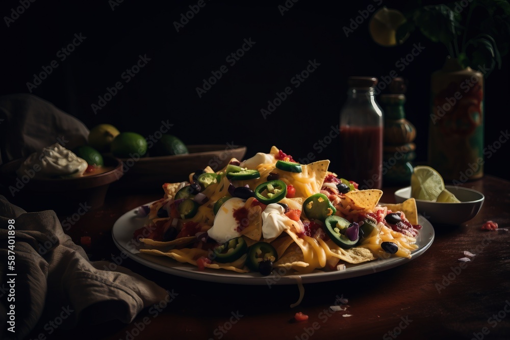 Poster a plate full of nachos with a bottle of salsa in the background and a bowl of chips in the foregroun