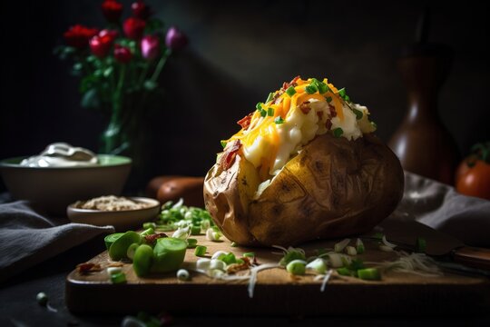  A Loaded Baked Potato Sitting On Top Of A Wooden Cutting Board Next To A Bowl Of Vegetables And A Vase Of Flowers In The Background.  Generative Ai