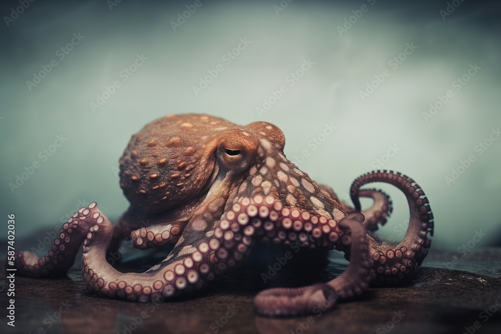 Poster an octopus is laying on the ground with its eyes open and it's head turned to the side and it's eyes