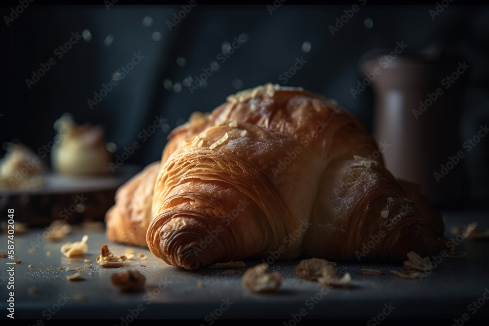 Poster a close up of a croissant on a table with other food items in the background and a teapot in the bac