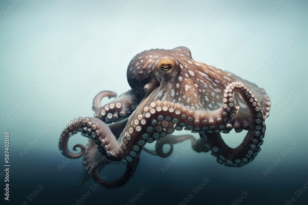 Poster an octopus is swimming in the water with its tentacles curled up to it's sides and it's eyes open an