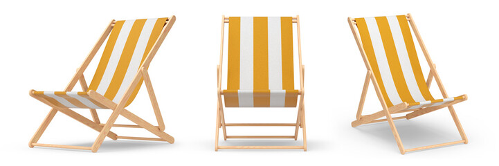 Set of striped beach chairs for summer getaways isolated on white background.