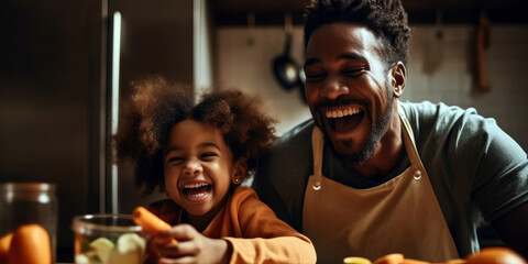 father and his child laughing together as they cook a meal, highlighting the importance of emotional connection (created with Generative AI) - obrazy, fototapety, plakaty
