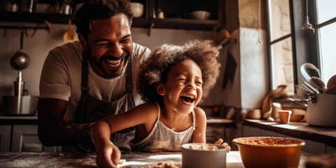 father and his child daugher laughing together as they cook a meal, highlighting the importance of emotional connection  - obrazy, fototapety, plakaty