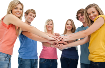 Low angle shot of friends smiling and looking at the camera