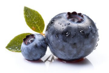Obraz premium Closeup of fresh juicy blueberries with water drops isolated on white background. High resolution. Generative AI