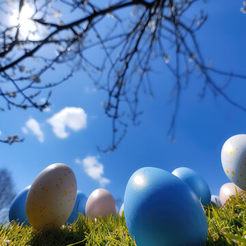 Blue Sky Easter: A Vibrant Display of Colorful Easter Eggs Scattered Across a Picturesque Landscape with Azure Skies Above - Generative AI