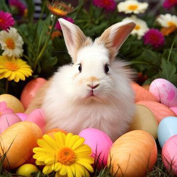 Gerbera Garden of Easter Delight: Irresistibly Cute Bunny Reveling in the Splendor of Spring With Dazzling Floral Gerbera Display and Easter Eggs - Generative AI