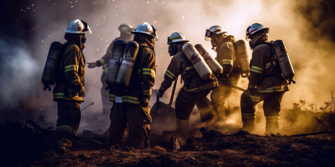 firefighters working together to extinguish fire (created with Generative AI)