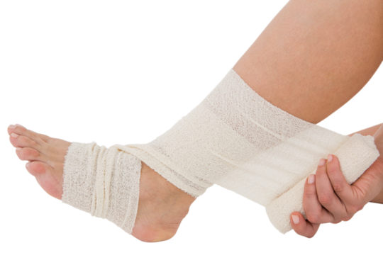 Sitting woman banding her ankle - Powered by Adobe