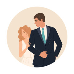 Fototapeta na wymiar Young couple in love, standing bride and groom. Wedding ceremony of a woman in a dress and a man in a suit. Vector isolated flat illustration.