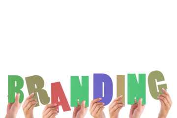 Colorful alphabet spelling branding held up by people 