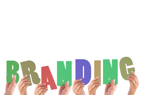 Colorful alphabet spelling branding held up by people - Powered by Adobe