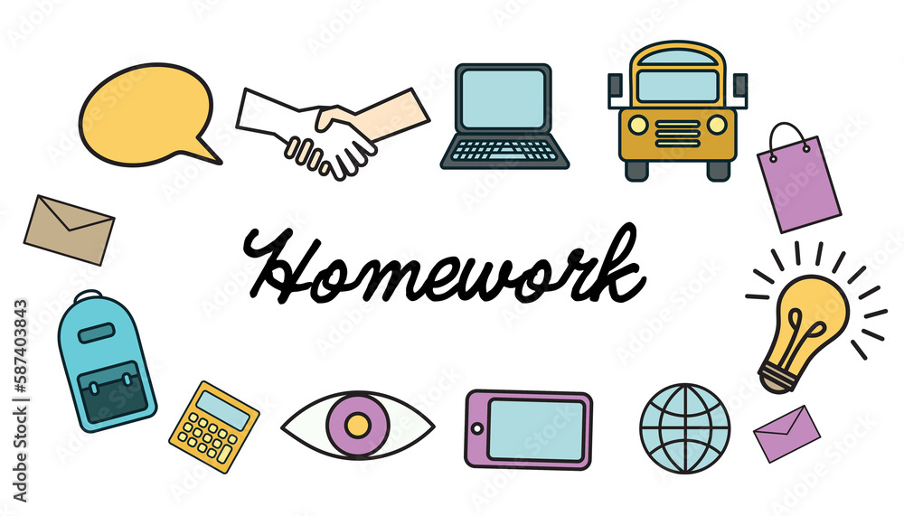 Poster homework text amidst various colorful vector icons