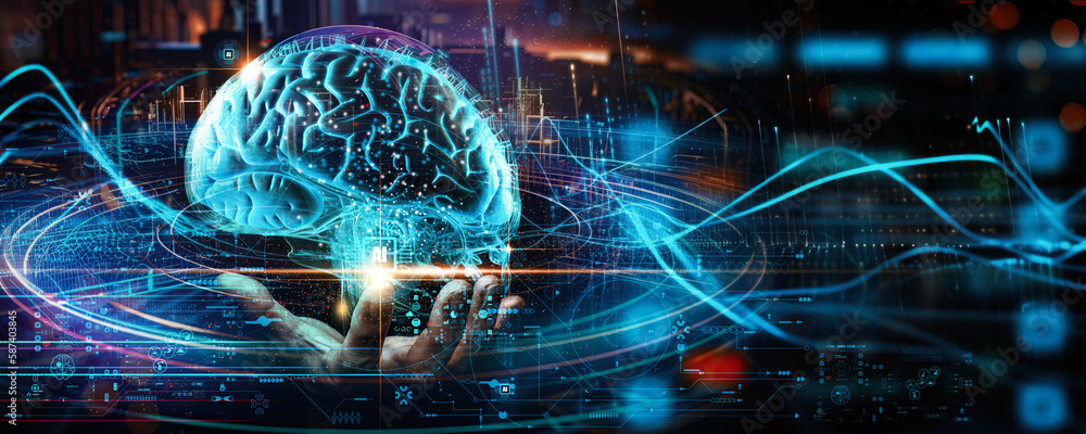 Poster Hand showing brain of AI, Symbolic, Machine learning, artificial intelligence of futuristic technology. AI network of brain on business analysis, innovative and business growth development.
