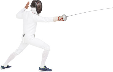 Man wearing fencing suit practicing with sword - obrazy, fototapety, plakaty