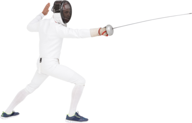 Man wearing fencing suit practicing with sword