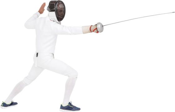 Man wearing fencing suit practicing with sword
