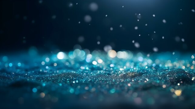 Glowing Defocused Glitter Texture Winter Holiday Background with Blue Bokeh Lights and Snow © Clipart