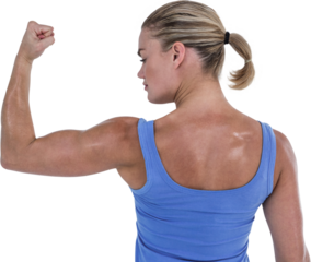 Rear view of muscular woman flexing muscles 